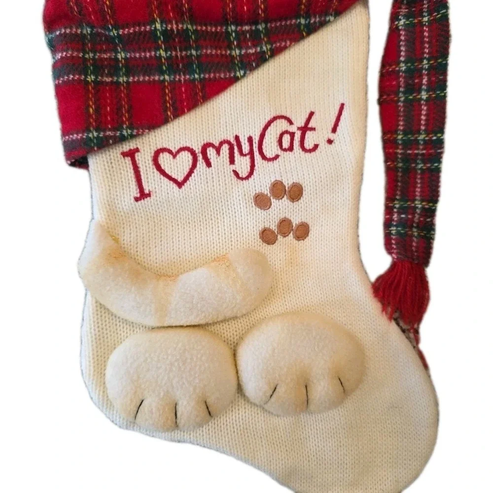 I Love My Cat Christmas Stocking 3D Holiday Plush‎ Stuffed Kitty Paws